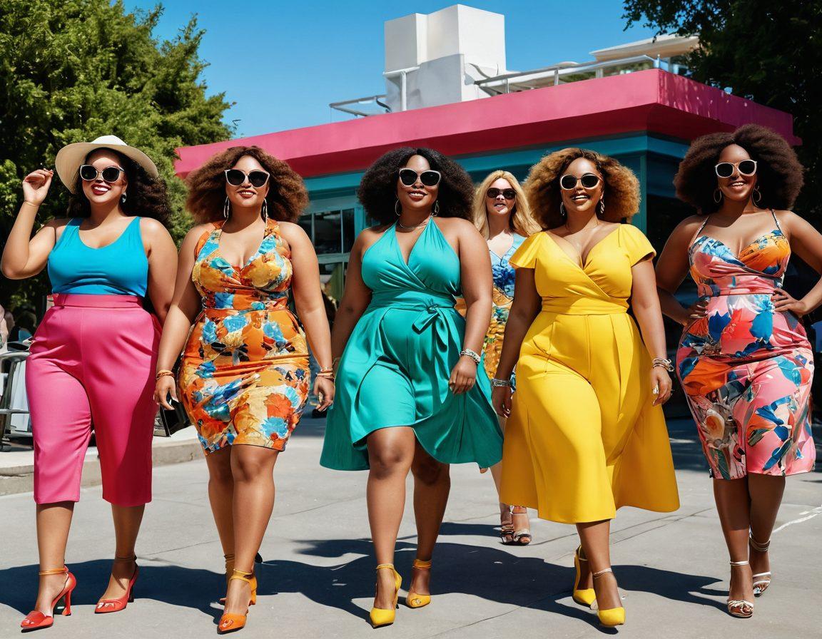 A lively and whimsical fashion scene showcasing diverse models with curves, dressed in playful, colorful outfits that blend humor and style. Include an outdoor setting with a catwalk, laughter, and fun props like oversized sunglasses and whimsical accessories. The atmosphere should exude joy and confidence, capturing the essence of breaking fashion norms. vibrant colors. super-realistic. playful illustration.