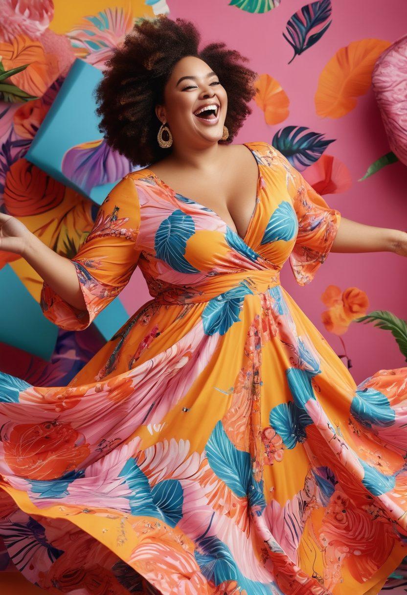 A joyful, curvy woman twirling in a colorful, flowing dress that celebrates body positivity, surrounded by vibrant fashion accessories and playful patterns. She is laughing, embodying confidence and happiness, with illustrations of diverse body shapes in the background. The setting is bright and lively, emphasizing laughter and joy in fashion. super-realistic. vibrant colors. cheerful atmosphere.