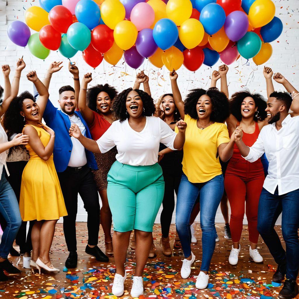 A vibrant scene featuring diverse individuals of all shapes and sizes joyfully dancing together, showcasing their unique body types. Include bright balloons and confetti in the background to emphasize the festive atmosphere, and everyone wearing big smiles. The setting should feel uplifting and supportive, radiating positivity and acceptance. Utilize bold colors to convey energy and happiness. super-realistic. vibrant colors. white background.